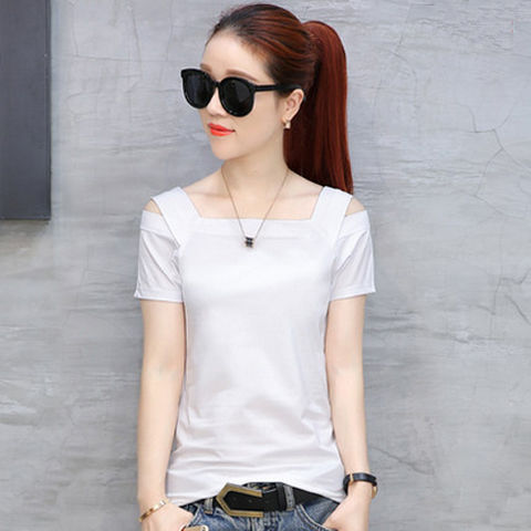 歆姿曼95棉女露肩一字领短袖t恤女2019夏季半袖上衣修身纯色体恤